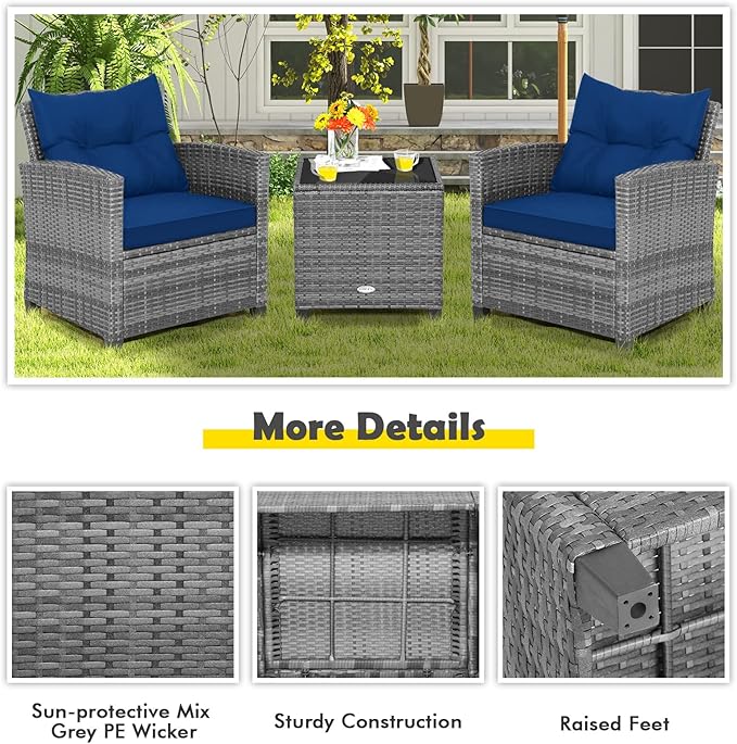 COSTWAY 3-Piece Patio Furniture Set, Outdoor Wicker Rattan Sofa