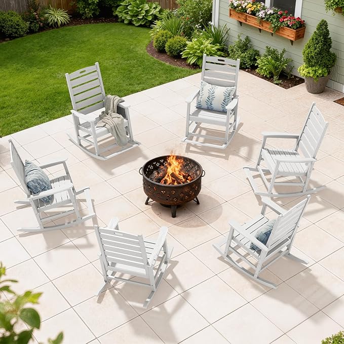 SERWALL Outdoor Rocking Chair Set of 2, Oversized Rocking Chair with Footboard for Adults, HDPE All Weather Resistant Rocking Chairs for Patio, 350lbs Weight Capacity, White