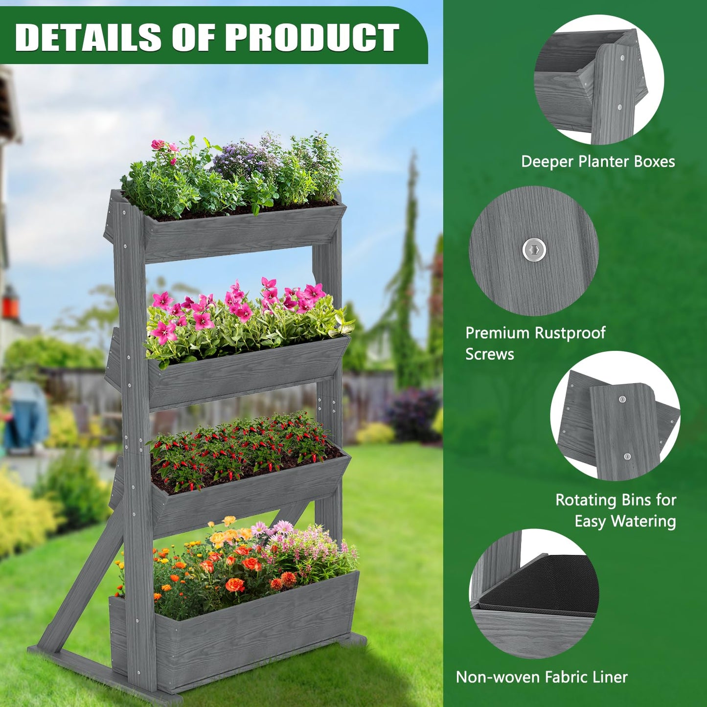 UrGROWA Wooden Vertical Raised Garden Bed, 4 Tier Garden Planters Raised Beds Freestanding Plant Stand Flower Rack Wooden Planter Box for Plants Herbs Flowers Vegetables Outdoor Indoor Gardening