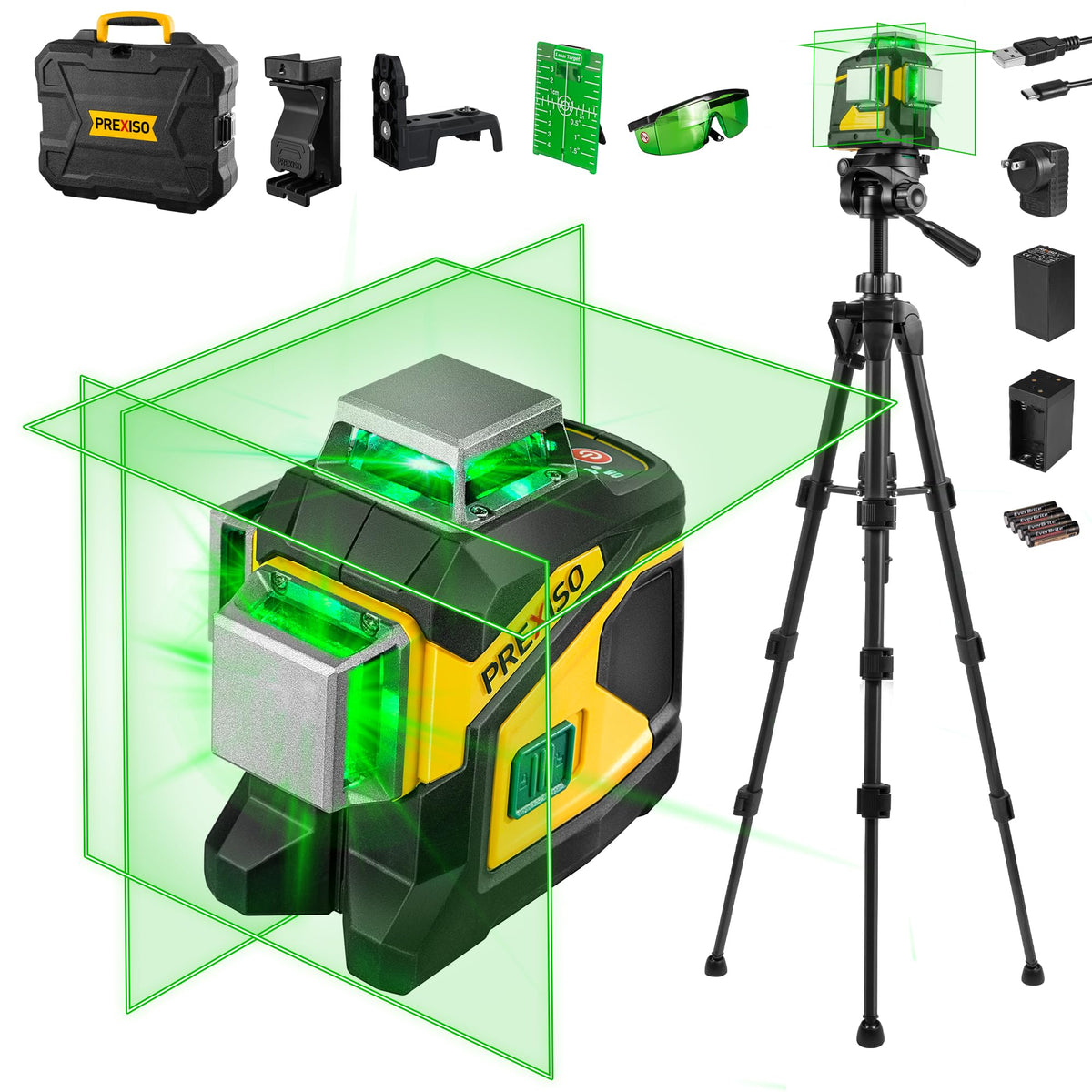 PREXISO Laser Level 3 X 360° Self Leveling with 47 In. Tripod, IP54 Rechargeable 100Ft Green Lazer Leveler Tool for Construction, Home Renovation with Magnetic Base, Battery Adapter, Case, Accessories