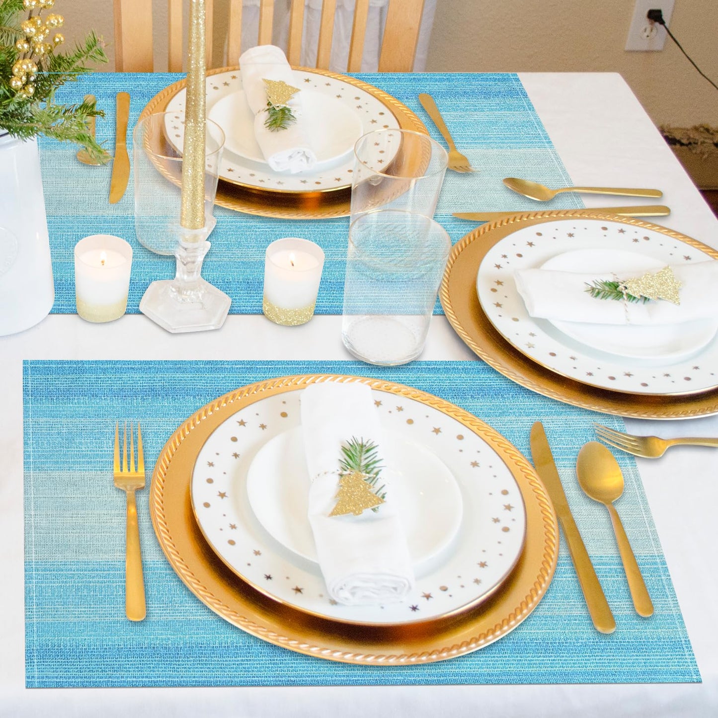 Niviy Placemats, Placemats Set of 4, 12x18 Inch Washable Place Mats Easy to Clean Heat Resistant Table Mats Wipeable Placemat for Holiday Party Kitchen Dining Table Decoration, Blue