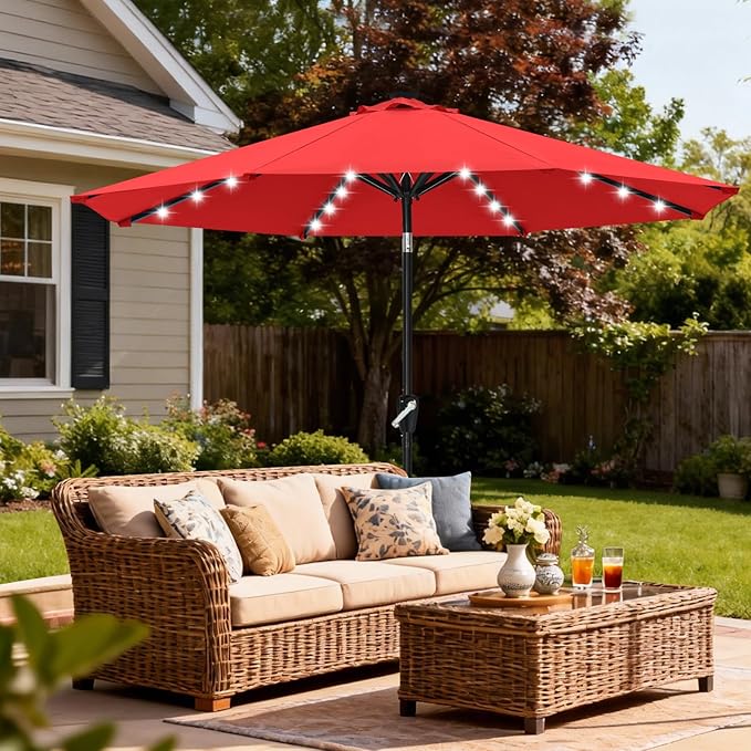 ABCCANOPY Durable Solar Led Patio Umbrellas with 32LED Lights 11FT(Red)