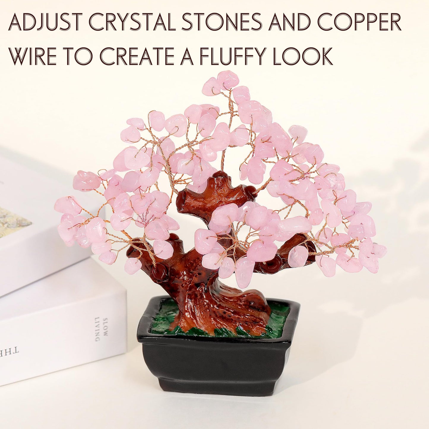 Parma77 Feng Shui Natural Rose Pink Quartz Crystal Money Tree, Healing Crystal Trees Bonsai Style Decoration for Wealth and Luck for Home Decor, Gifts for Women