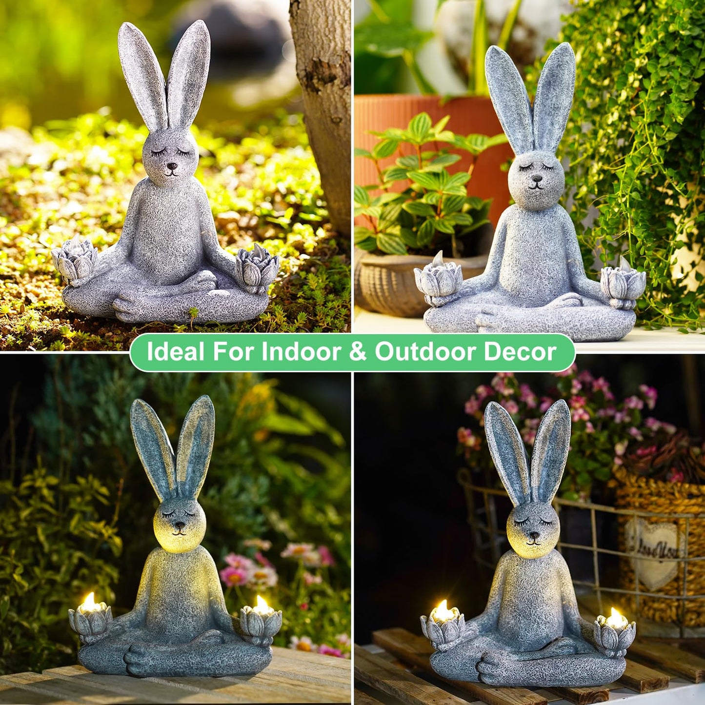 Goodeco Zen Rabbit Statue with Solar Lotus - Garden Yoga Bunny with LED Solar Lotus Lights, Sitting Meditating Buddha Rabbit Serene Resin Figurine for Patio Yard Lawn Ornaments, Home or Outside