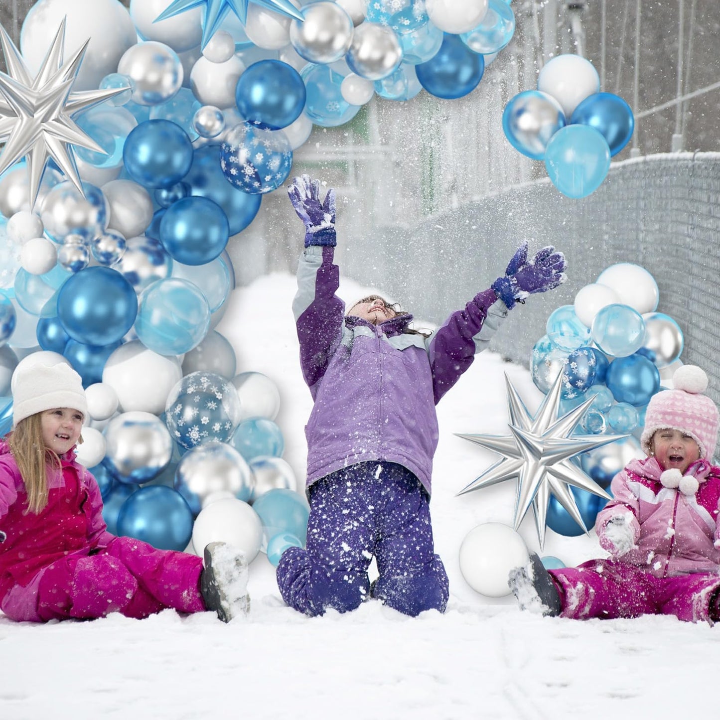 Winter Snowflakes Balloon Arch Garland Kit, White Silver Winter Balloon with Rich Large Snowflakes Mylar Star Foil Balloons*5, Metallic Silver Blue Balloons for Winter Wonderland Girl Birthday Decorat