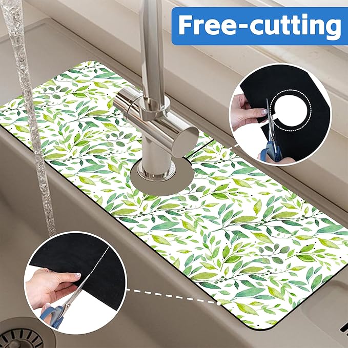 Tropical Eucalyptus Leaves Kitchen Sink Splash Guard Mat Absorbent Fast Drying