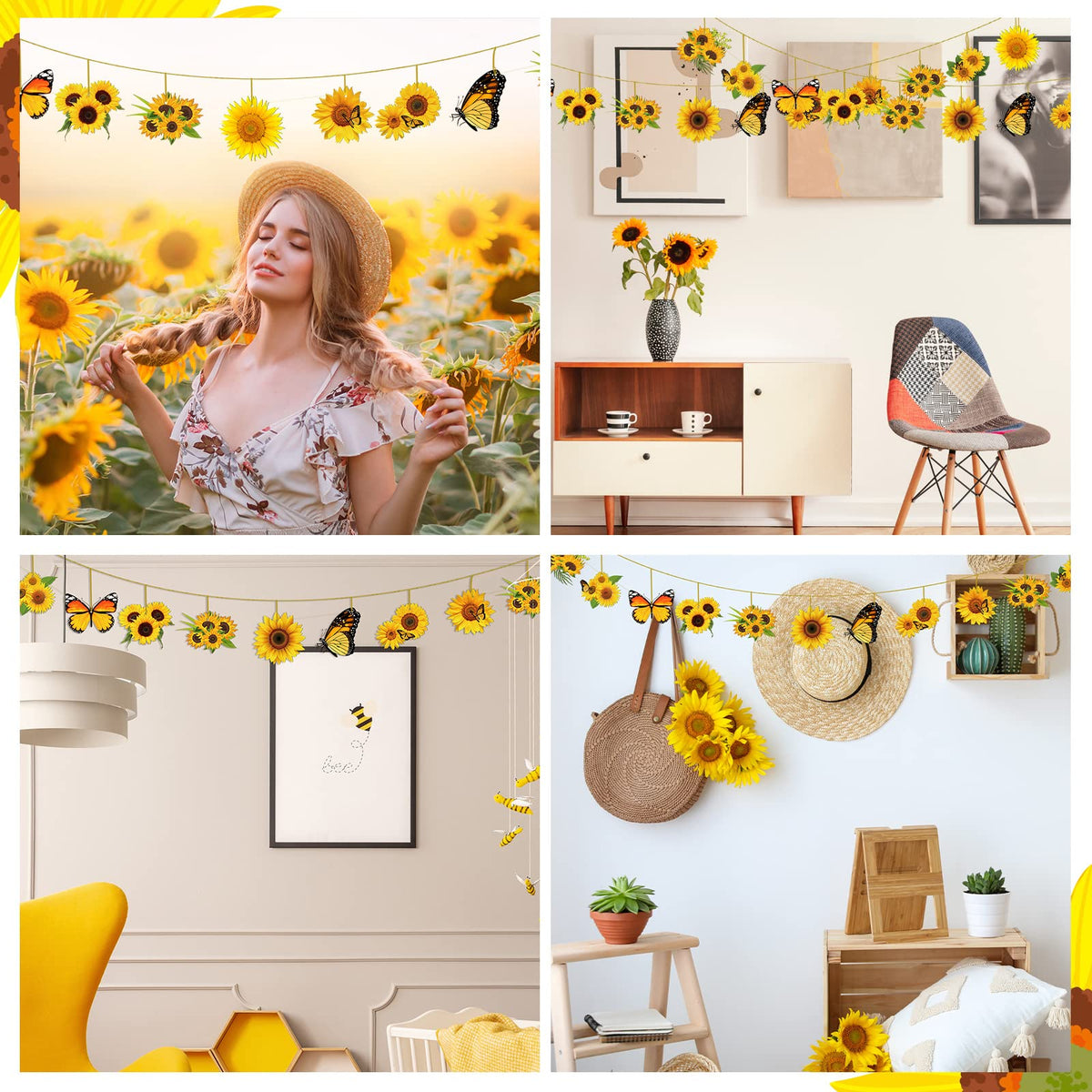 Qunclay 36 Pcs Sunflower Tree Decorations Summer Wooden Ornaments Spring Yellow Flower Butterfly Hanging Ornament Summer Sunflower Wood Pendant with Rope for Small Tree Home Party Decor