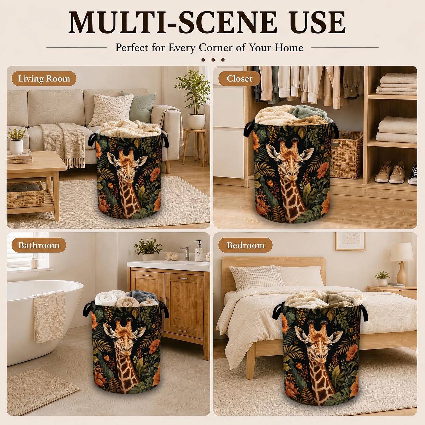 Safari Giraffe Floral Laundry Basket with Handles, Foldable Tall Oxford Clothes Hamper, Lightweight Water-Resistant Storage Bin for Bedroom Bathroom College Dorm, 16 x 20.8 Inch