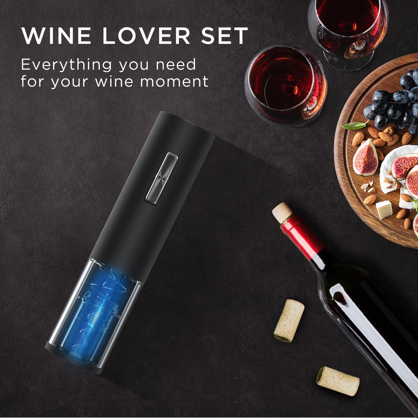 BABONIR Electric Bottle Wine Opener Set, Automatic Electronic Corkscrew with Blue Led Indicator, Vacuum Stopper, Pourer, and Foil Cutter, Perfect for Home, Party and Wedding, Rechargeable