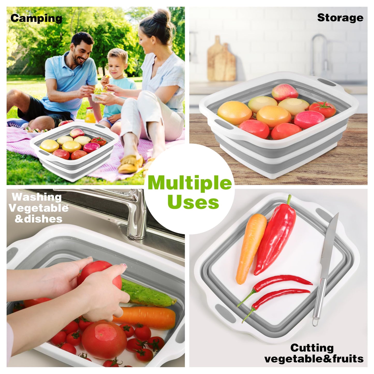 Space Saving Cutting Board, Collapsible Dish Tub with Draining Hole, Folding Chopping Board with Colander, 3 in 1 Multifunction Camping Sink for Washing Dish, Bowl, Vegetables and Fruit