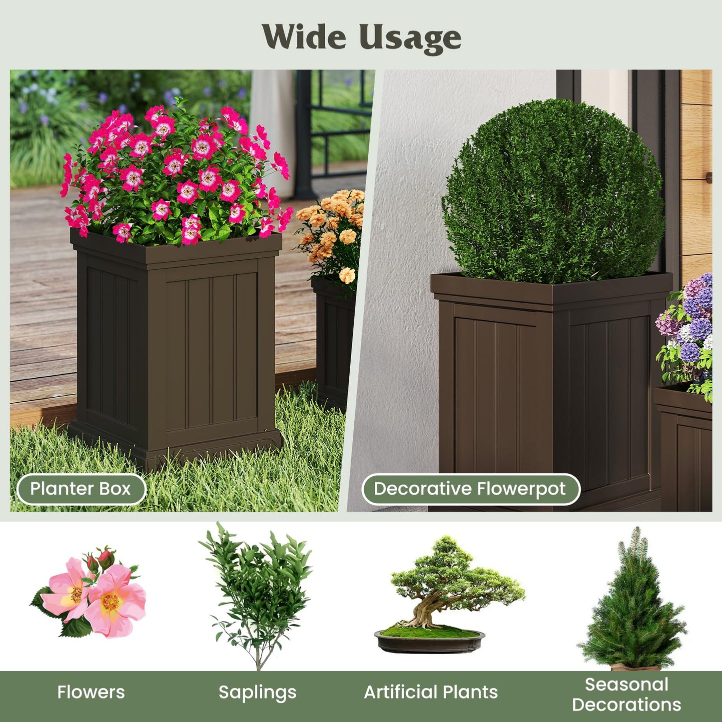 Giantex Square Plastic Planters Set of 2, 19" Large & 13” Small Flower Pots with/Drainage Holes & Nesting Design, Indoor Outdoor Decorative Plant Containers for Front Porch Home Garden Patio (Brown)