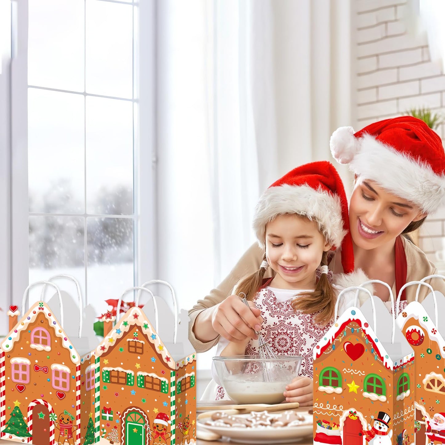 Qpout 12Pcs Christmas Party Favors Bags, Gingerbread House Shaped Gift Bags with Handles Paper Snack Goodie Candy Treat Bags for Winter Xmas Holiday Gift Wrapping Baby Shower