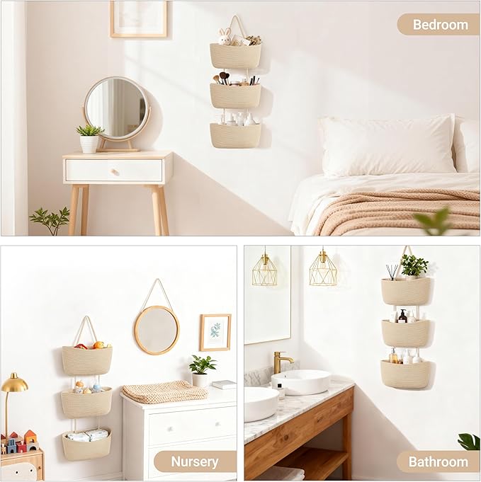 Dahey Over The Door Hanging Basket 3-Tier Woven Boho Wall Mounted Storage