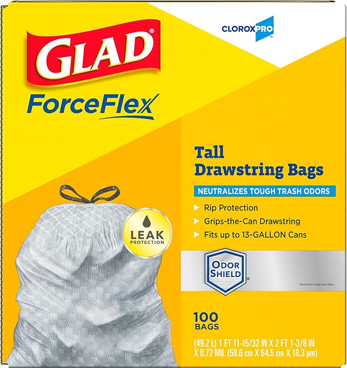 CloroxPro Glad ForceFlex 13 Gallon Tall Kitchen Drawstring Trash Bags, 100 Ct
