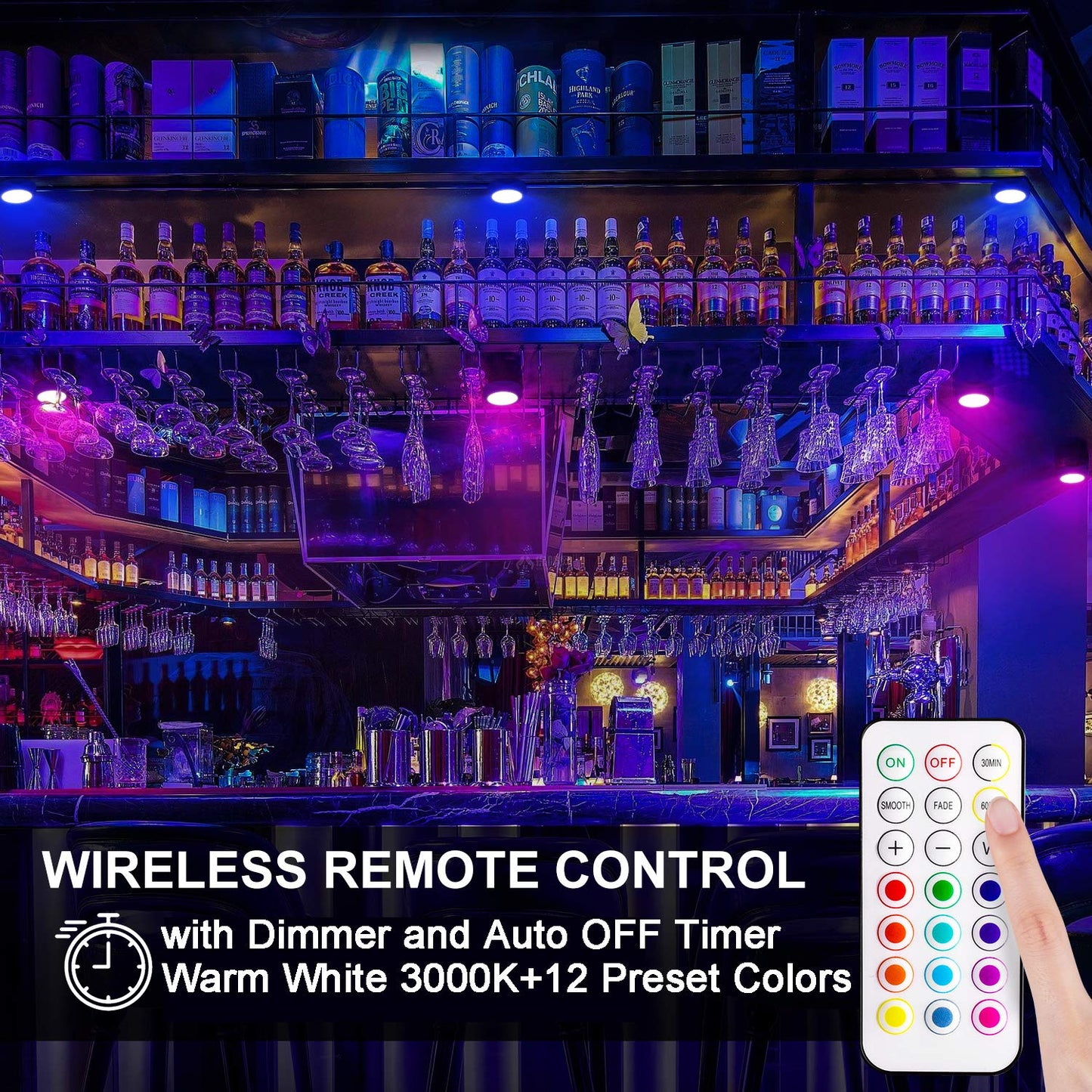 BLS LED Puck Lights with Remote Control, Wireless Under Cabinet & Closet Lighting, RGB 13 Color Changing Lights with Dimmer, Timer & AA Battery Operated, Push, Touch, Stick on for Night, White, 6 Pack