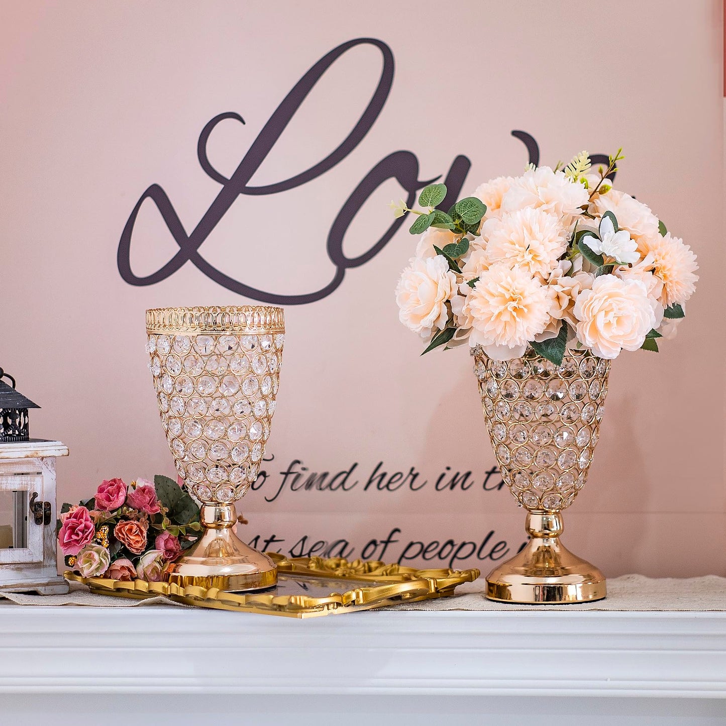Gold Crystal Trumpet Floral Vase -2 Pcs Centerpieces for Wedding Table, 10.6" Wrought Iron Crystal Vase, Flower Vases for Party Dinner Centerpiece Event, Anniversary Ceremony Birthday Home Decoration