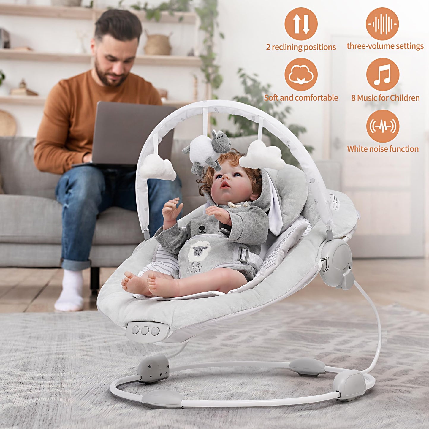 LADIDA Soft Padded Lamb Bouncer, Suitable for Newborns 0-6 Months, Soothing Music and Vibration