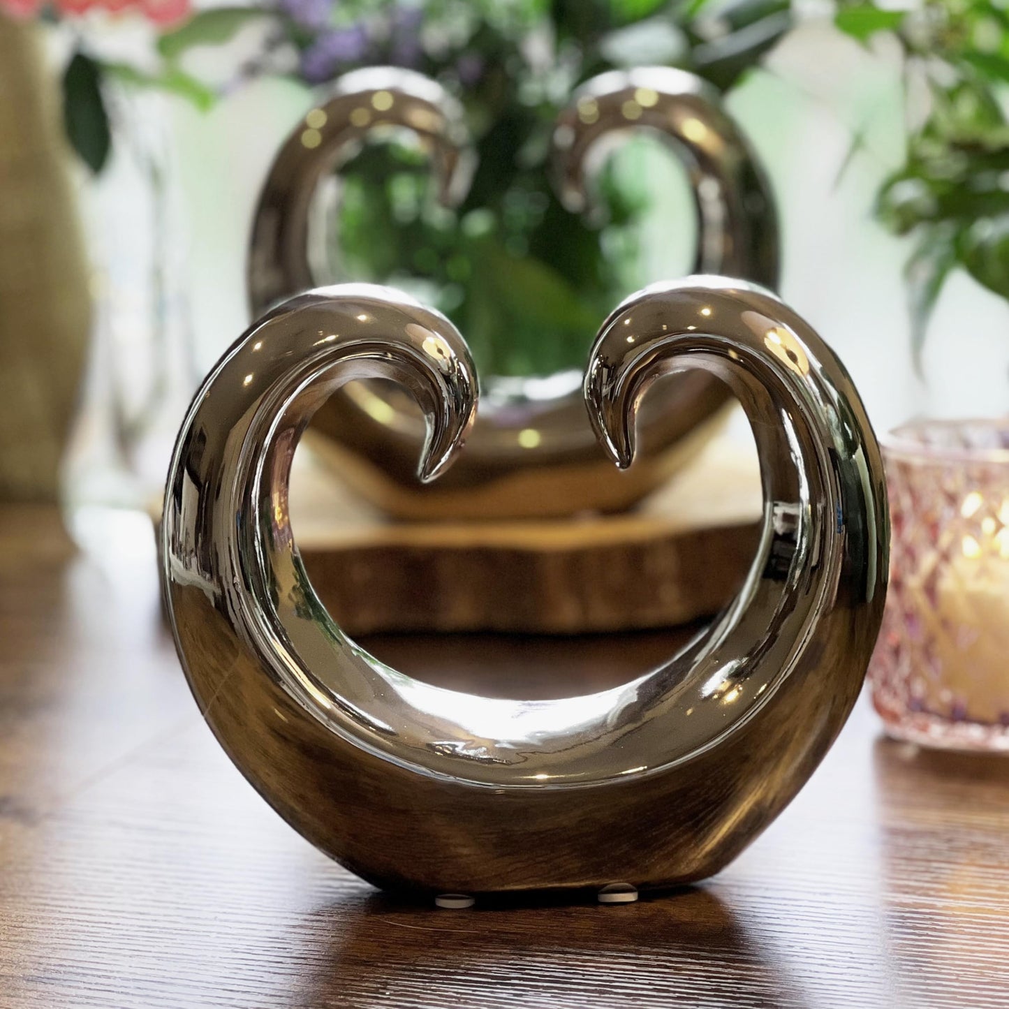 WHW Whole House Worlds Eternity Double Curled Wave Sculpture, Set of 2, Modern Art, Silver Titanium Glazed Ceramic Stoneware, 8 1/4 Inches, Abstract Table Top Accent