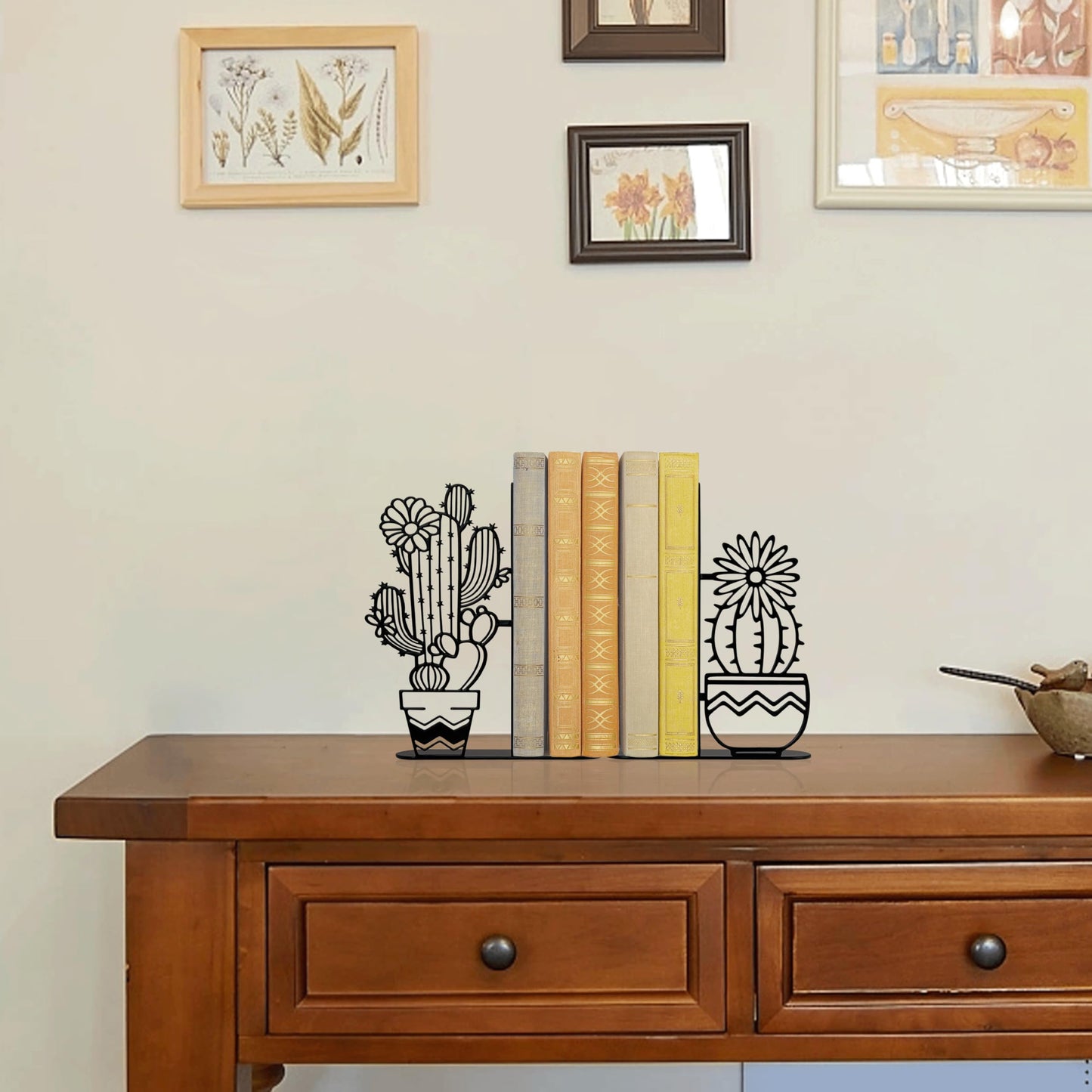 Metal Cactus Planter Book Ends, Dual Wave Pot Design Unique Cute Bookends with Rust Proof Coating, Home Office Decor & Gift for Book Lovers
