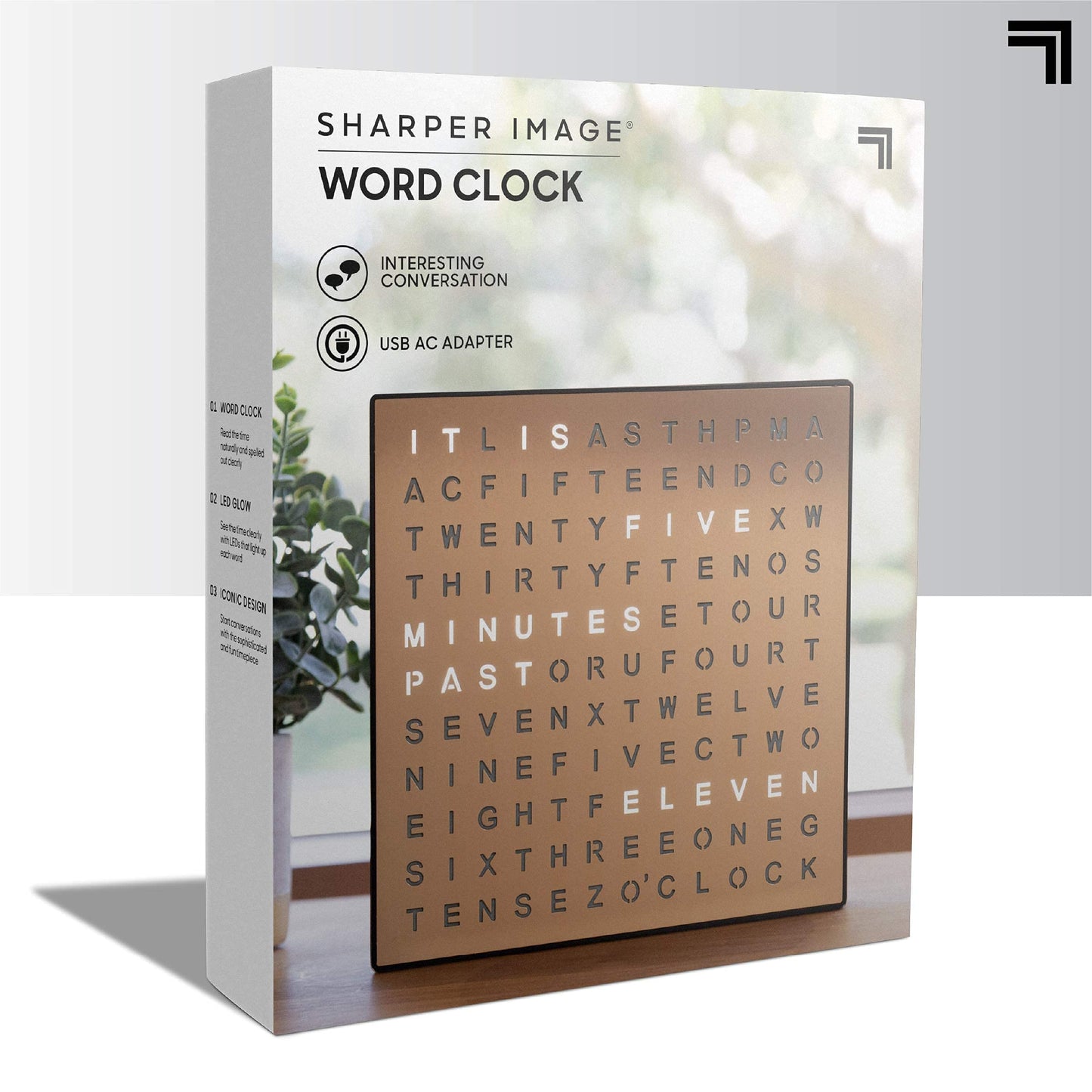 Sharper Image® LED Light-Up Word Clock, 7.75" Modern Design, Electronic Accent Wall or Desk Clock, USB Cord & Power Adapter, Unique Contemporary Home & Office Decor, Easy Setup, Housewarming Gift