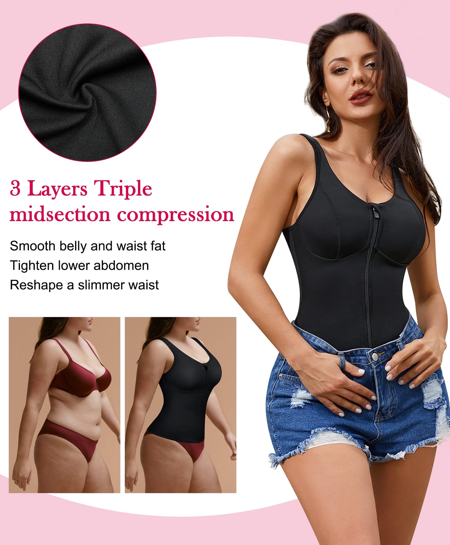 Gotoly Women's Compression Tank Tops Triple Tummy Control Workout Tops Shapewear Camisole Cami Shaper with Zipper Body Shaper(Black, Medium)