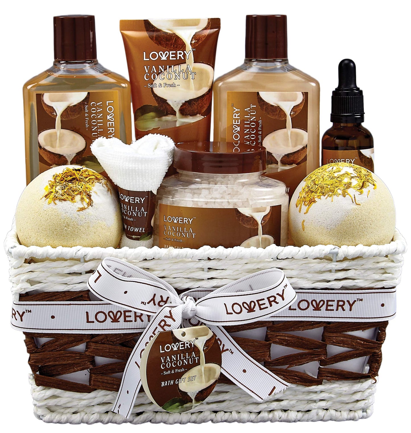 Gifts For Women Gift Basket for Womenโ 9 Piece Set of Vanilla Coconut Home Spa Set, Includes Fragrant Lotions, Extra Large Bath Bombs, Coconut Oil, Luxurious Bath Towel & More