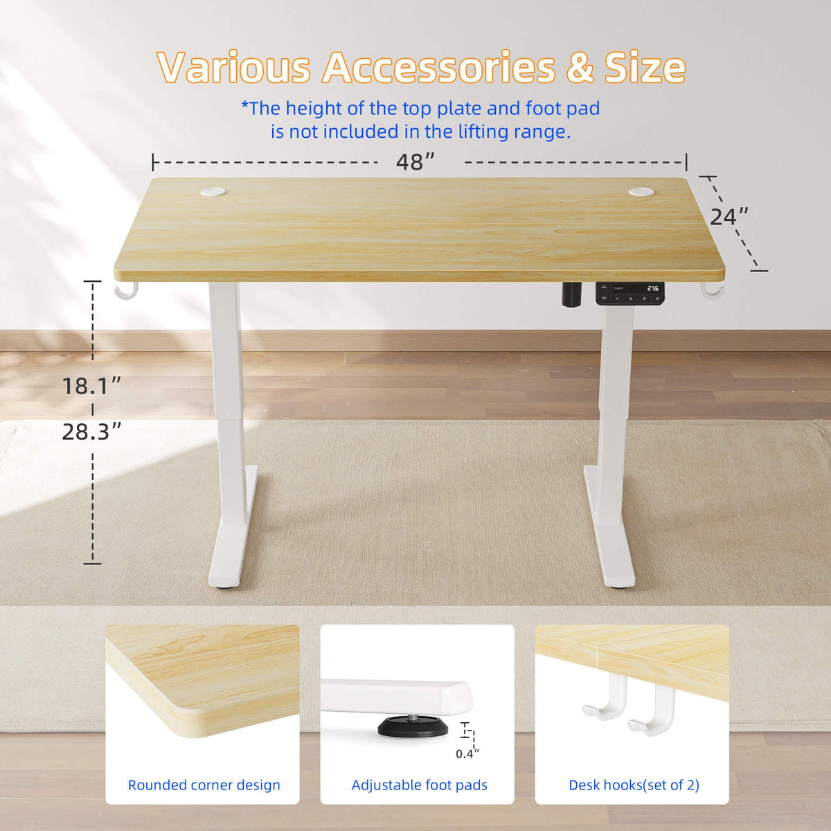 YIHAYO Low Height Adjustable Desk, Lifts 18.1-28.3 Inches, Electric Standing Desk for Short People, 48 x 24 Inches Computer Table with Splice Board for Home Office, Natural