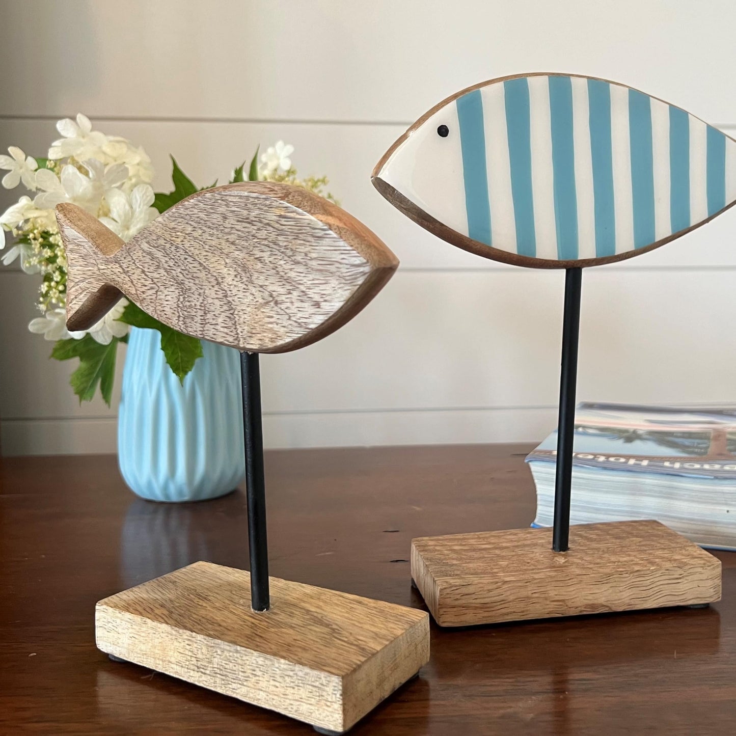 WHW Whole House Worlds Beach Chic Striped Fish Figurines, Set of 2, Glossy Blue and White, Wood, Post Mounted, Rectangle Gallery Base, 8.25 Inches