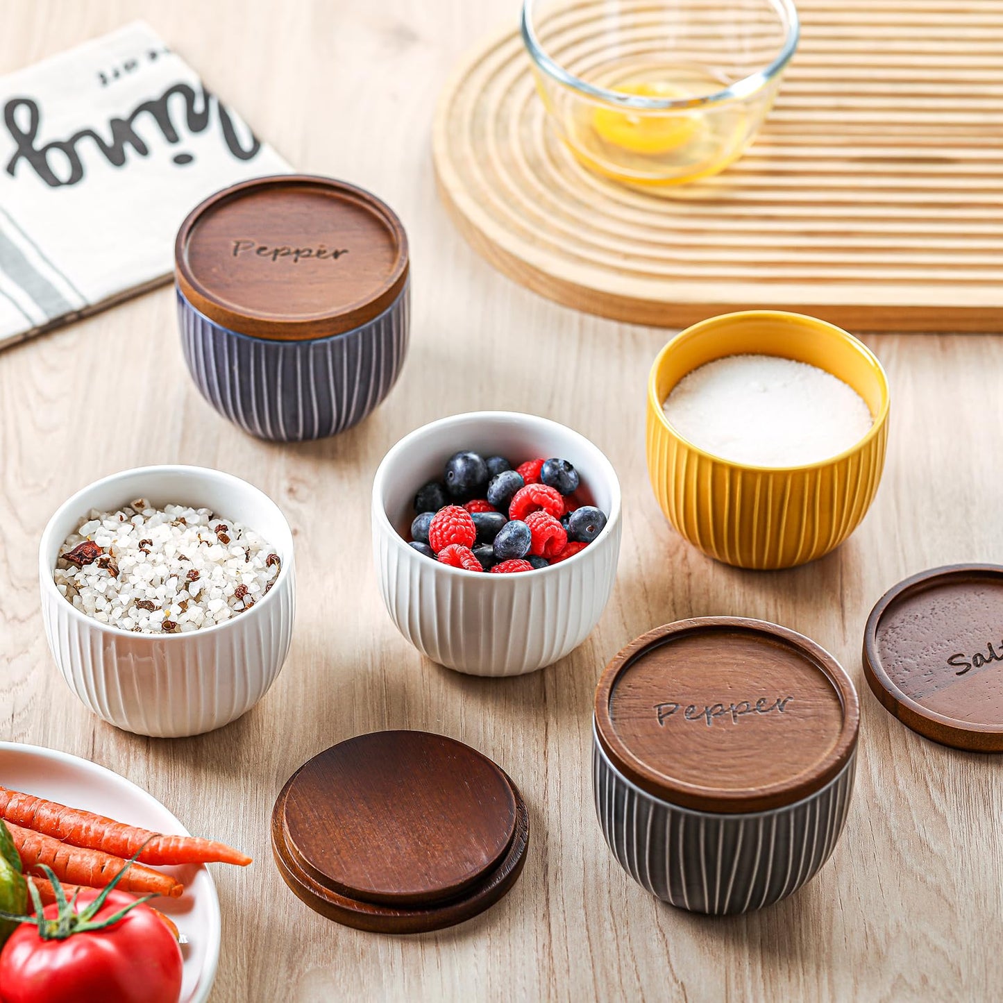 Adewnest Ceramic Salt and Pepper Bowls: 10 oz Stackable Spice Cellar with Wooden Lid - Stacked Seasoning Storage Containers for Kitchen Countertop - White, Set of 2
