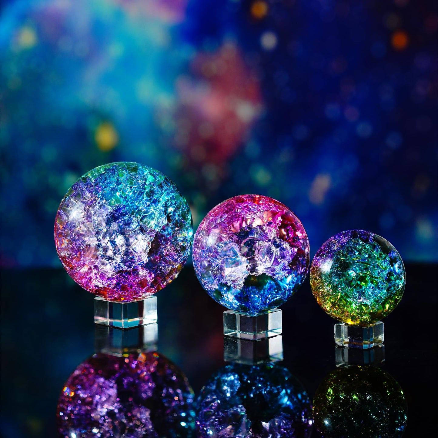 Crystal Ball Set of 3 Colorful Glass Decorative Spheres with Stands