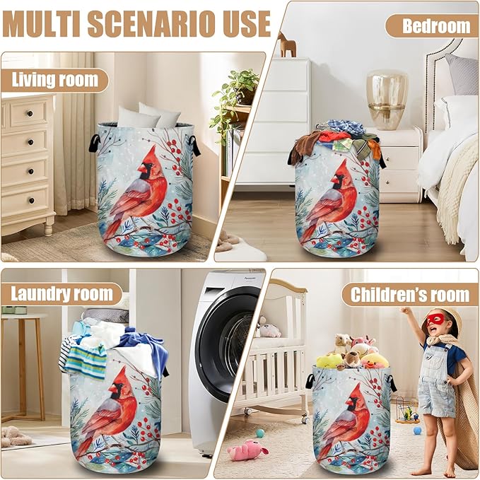 Watercolor Red Bird Laundry Basket, Foldable Winter Cardinal Laundry Hamper