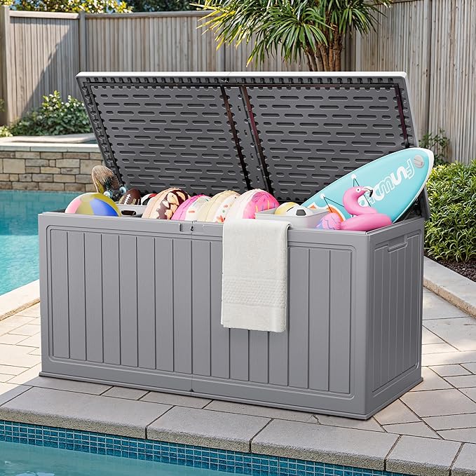 JUMMICO 270 Gallon Outdoor Storage Deck Box with Divider, Double Wall Storage Box with Lockable Lid for Garden Tools, Pools Supplies (Gray)