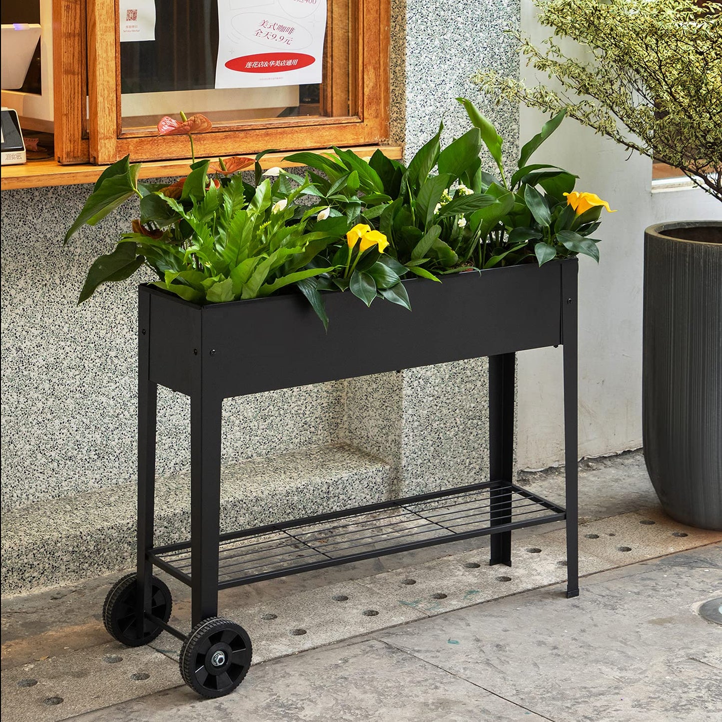 VEOAY Piksedo Raised Garden Bed, Elevated Planter Metal Plant Box with Wheels with Legs Standing Garden Stand Drainage Holes Frosted Black