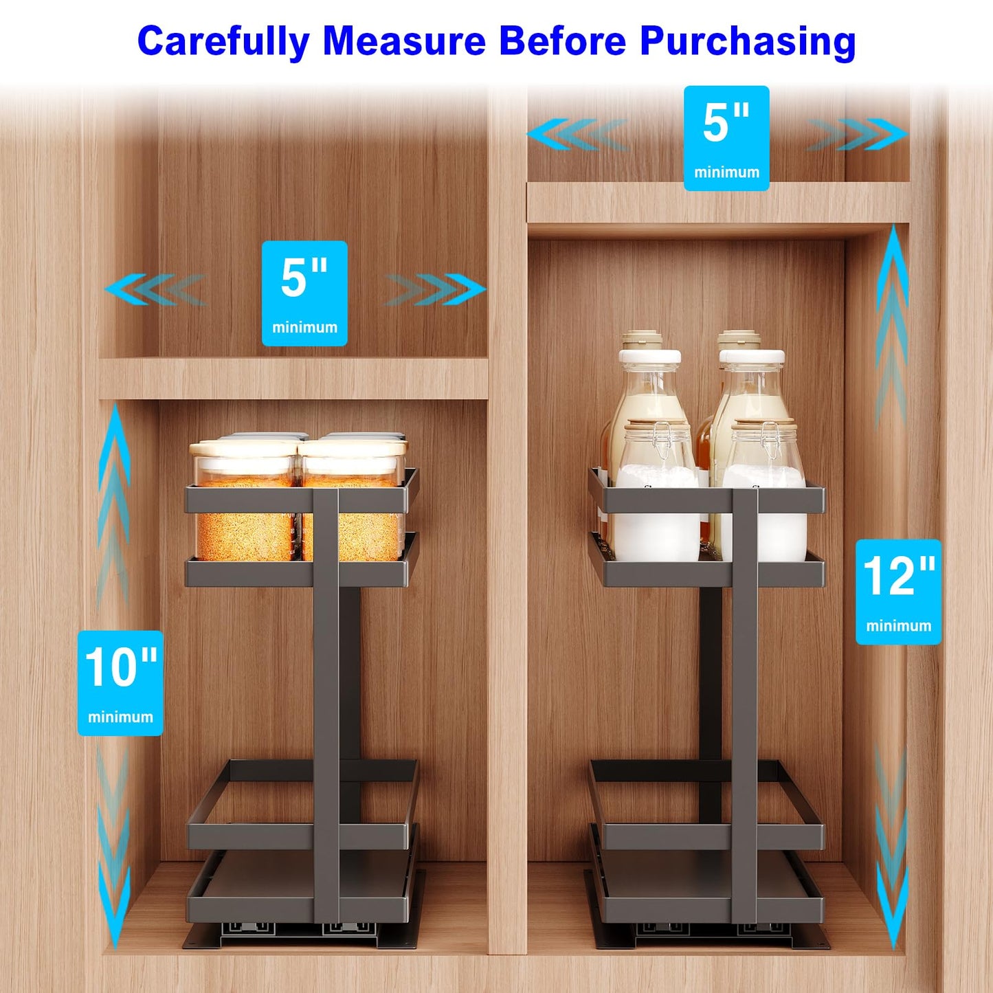 Mustorn 2 Pack Pull Out Spice Rack Organizer for Cabinet, 2 Tier Metal Slide Out Seasoning Organizer and Storage Heavy Duty Vertical Spice Rack Shelf Pullout for Kitchen Cabinets No Drilling (Black)