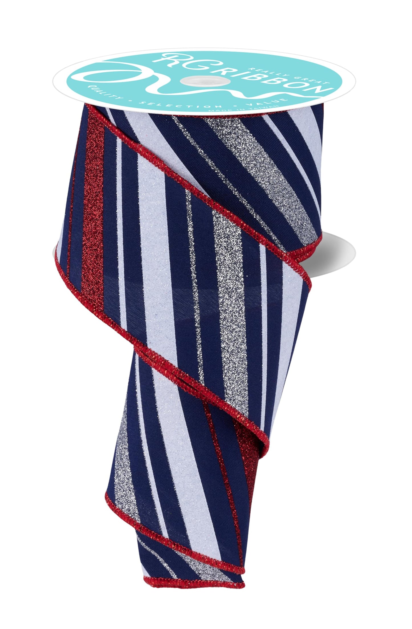 Sparkling Diagonal Stripes Wired Ribbon - 2 1/2" x 10 Yards, 4th of July, America 250, White, Red, & Silver Glitter Striped, Patriotic Decor, Wreath, USA Decor, Election, 1776, Veterans Day, Labor Day