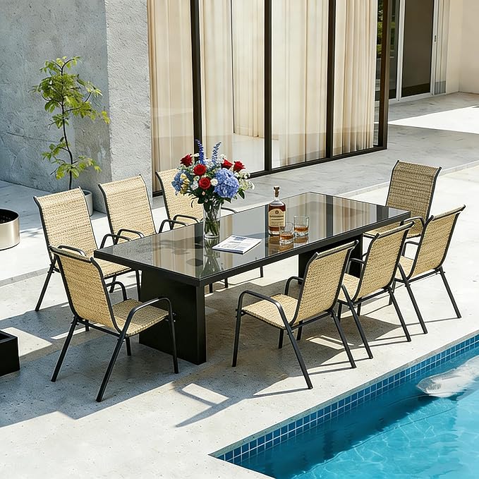 MAMIZO Patio Dining Chairs, Stackable All Weather Teslin Chair, Heavy Duty Outdoor Breathable Chairs Set, w/Armrests, Upgraded Chair FeetW/Strenthened Iron Spacers, 330 LBS (8, Brown)