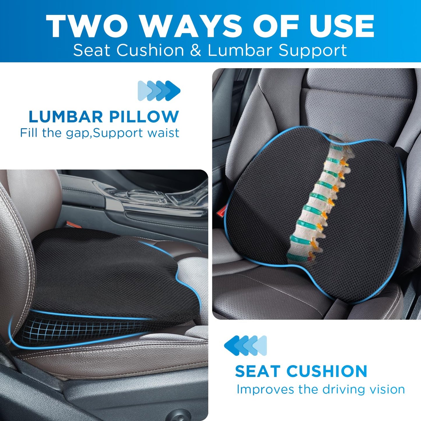QUTOOL Car Memory Foam Seat Cushion Car Seat Cushions for Driving Wedge Booster Seat Cushion for Short People Chair Seat Cushion Pad Seat Back Support for Office Chair, Cars, and Trucks (Black)