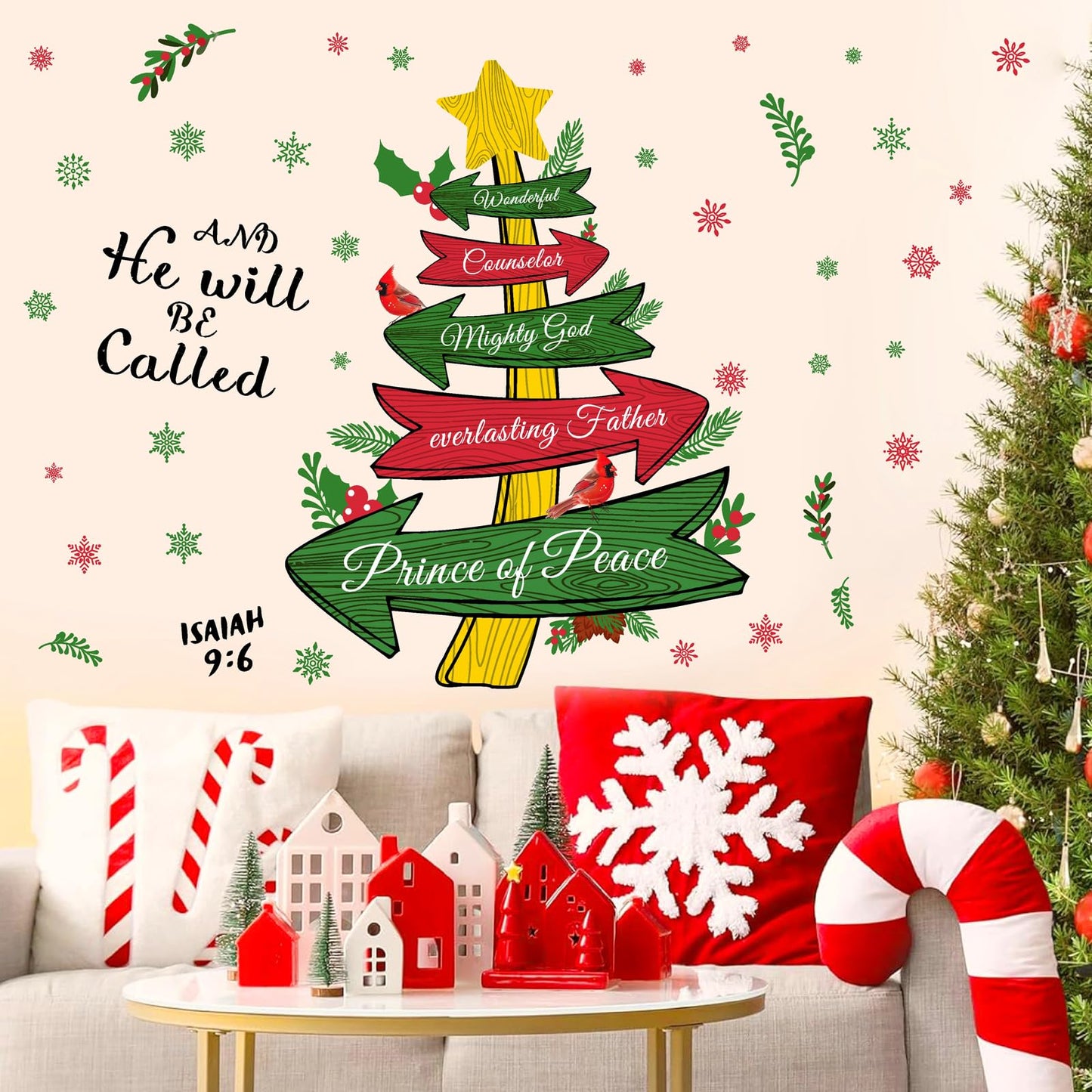 Christmas Wall Stickers Inspirational Xmas Quotes Wall Decals Peel and Stick Jesus Christmas Tree Stickers for Wall Decoration Snowflake Holiday Wall Art Decals for Living Room New Year Party Supplies
