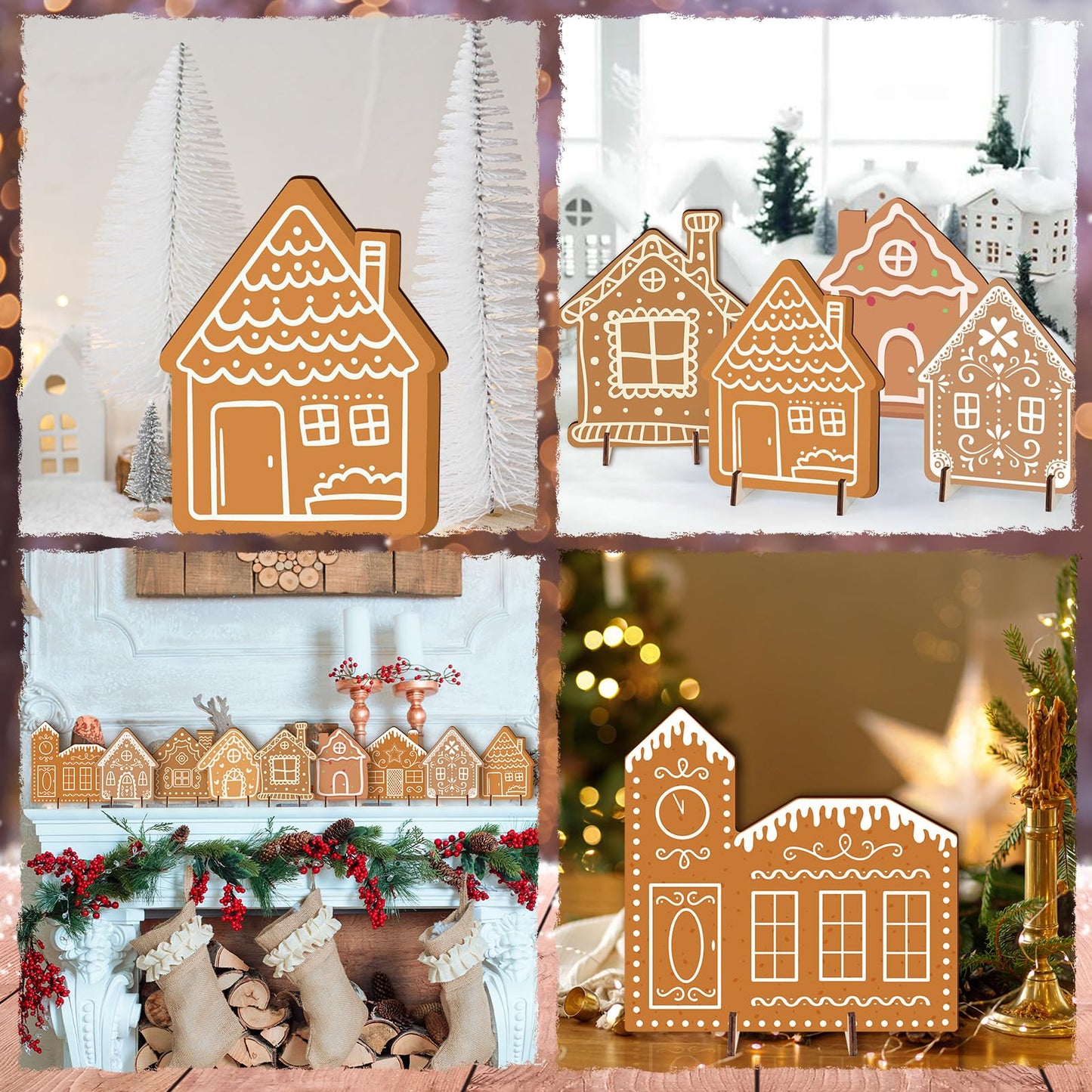 9Pcs Christmas Gingerbread House Tabletop Decorations Wooden Gingerbread Village Houses Table Centerpiece for Winter Holiday Home Office Coffee Bar Mantel Tabletop