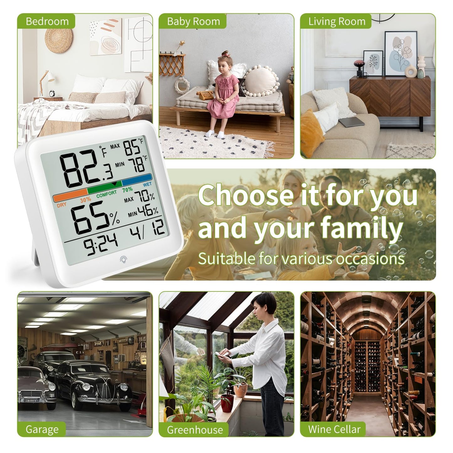 Indoor Thermometer Room Temperature Home Hygrometer Humidity Gauge, Accurate with Calibration, Backlight, Air Comfort Indicator, 24H Max Min Records, Time, Date (AAA Batteries Included)