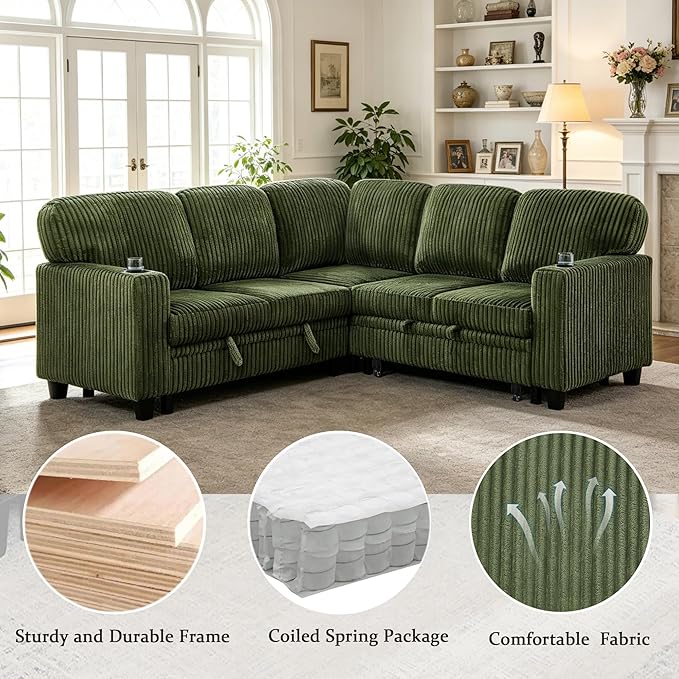 L-Shaped Sectional Couch with Storage and Pull Out Bed, Convertible Sofa Bed