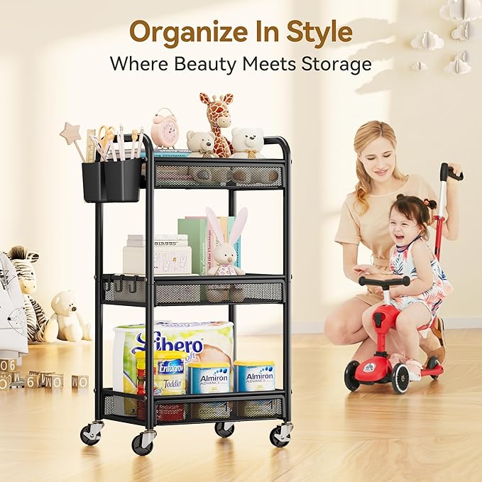 YASONIC 3 Tier Rolling Cart – Metal Utility Storage Carts
