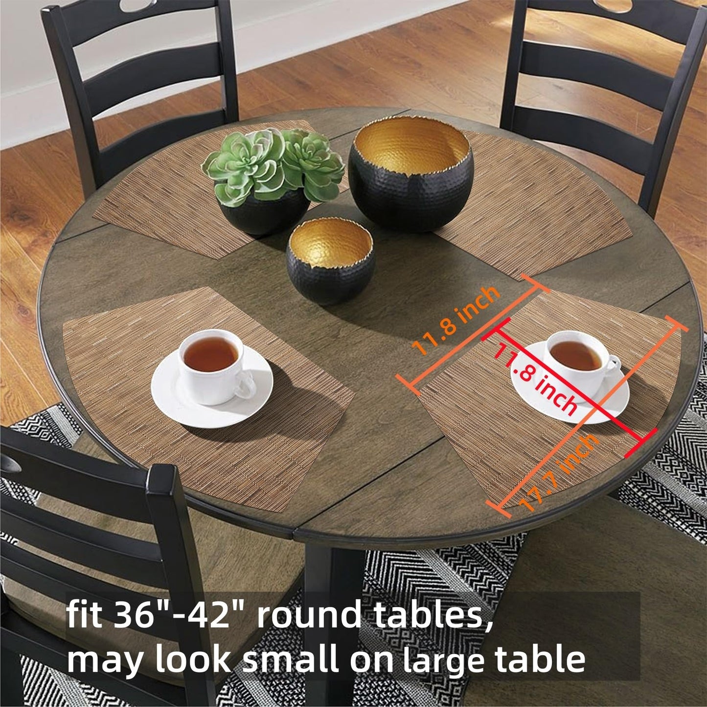 SHACOS Round Table Placemats Set of 4 Wedge Shape Woven Vinyl Place Mats Heat Resistant Wipe Clean Round Table Mats Home Table Decor (4, Tan)