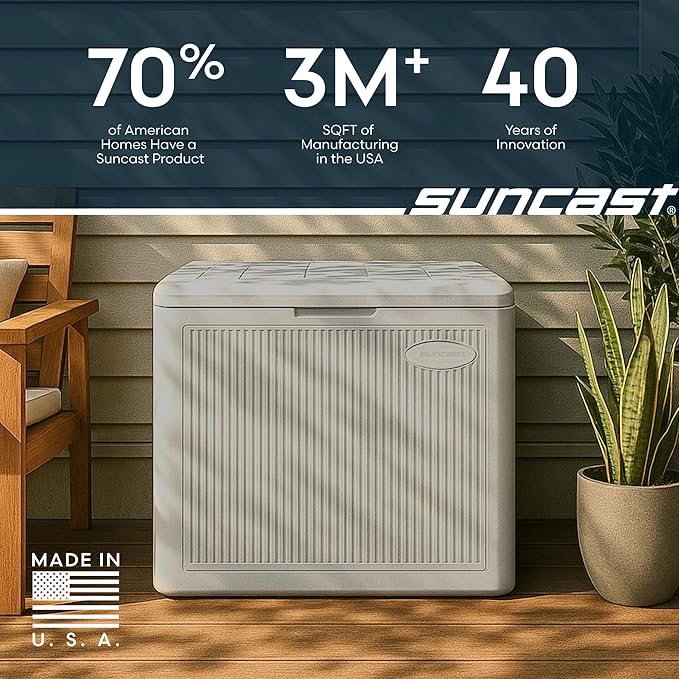 Suncast 22-Gal. Resin Small Outdoor Patio Deck Box with Reeded Design, Modern Outdoor Patio Bench/Storage Box for Cushions, Garden Tools, and More, French Gray
