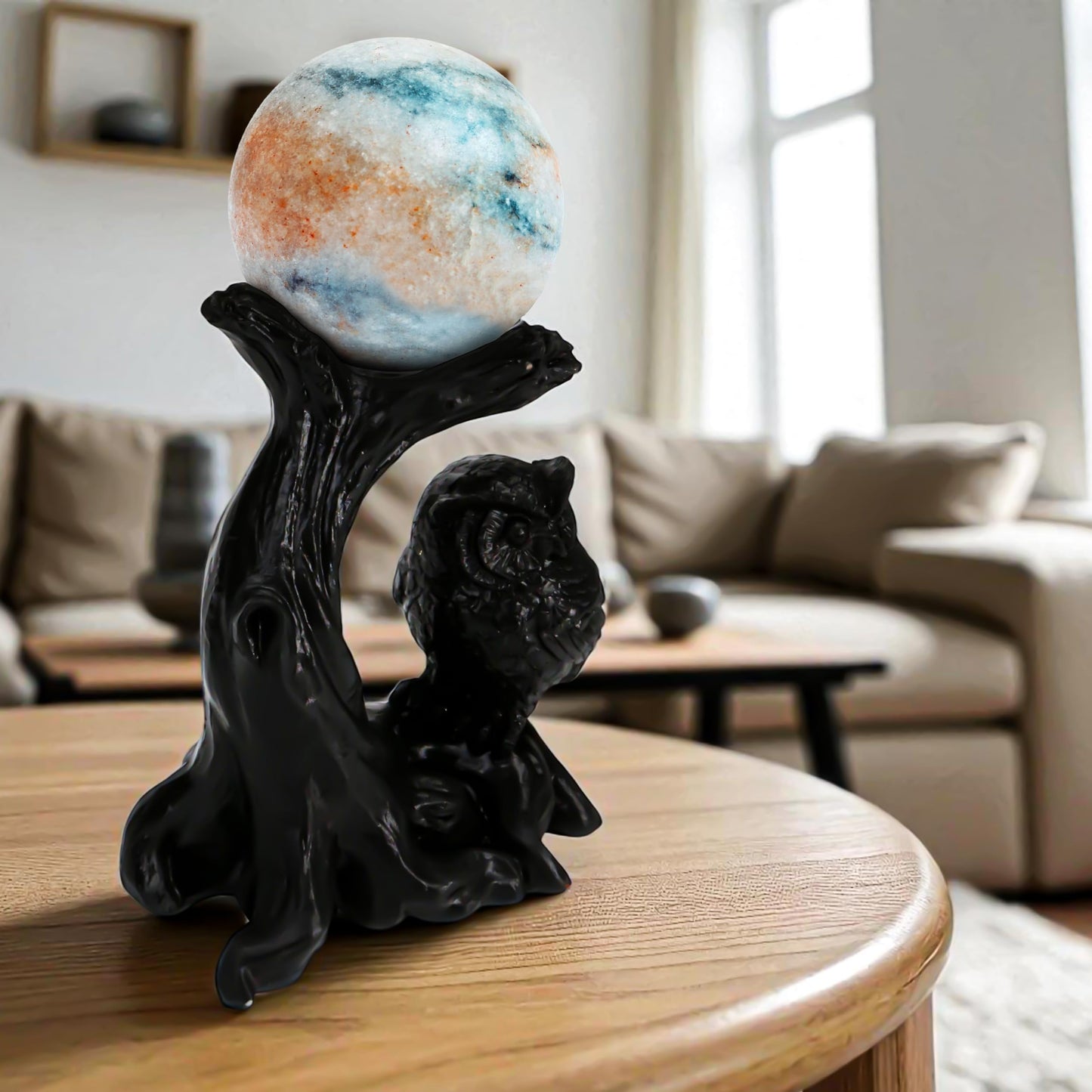 KH866 Owl Sphere Holder Crystal Stand Ball Resin Display – 4.92''x4.06'' Natural Quartz Wood Base Figurine, Stable Desktop Decoration for Bedroom, Office, Living Room, Study – Crystal Ball Decor Gift