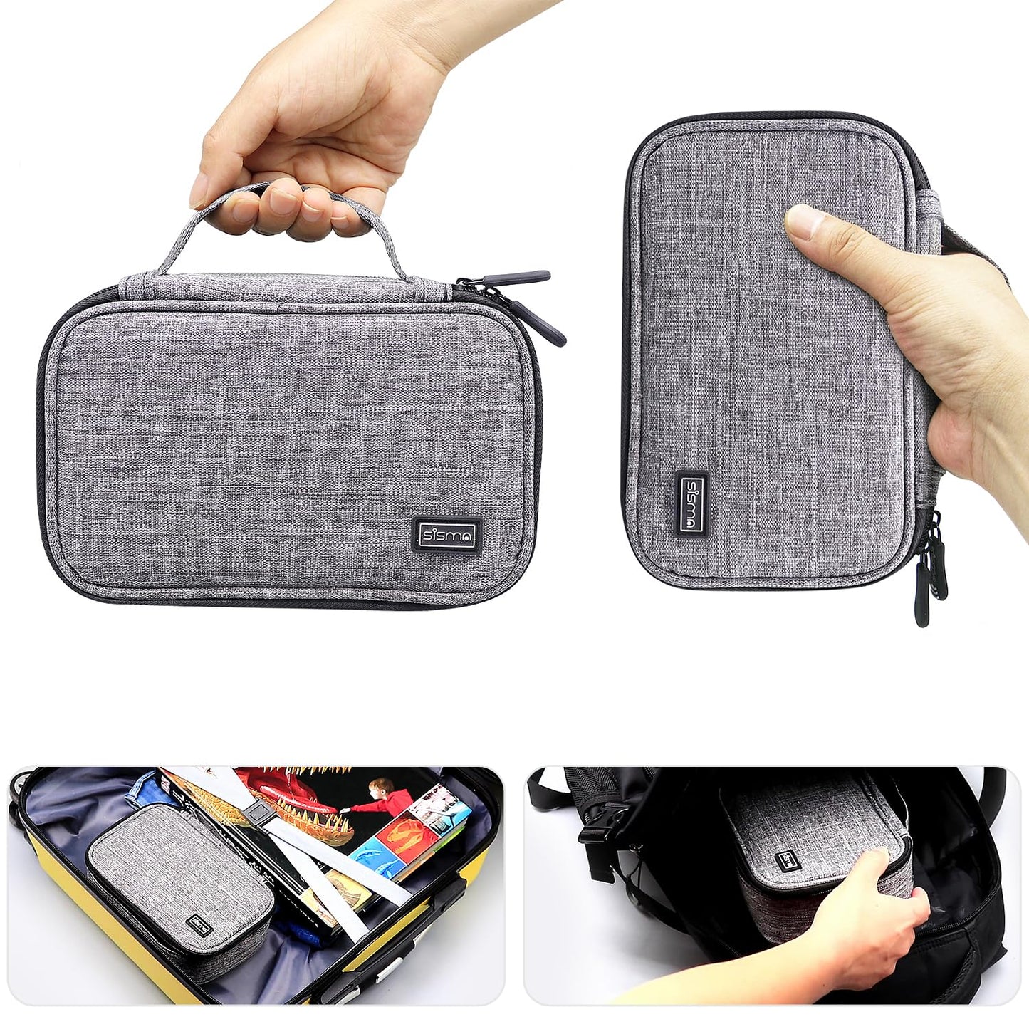 sisma Electronics Cords Organizer Tech Accessories Storage Case Travel Small Carrying Bag for Charging Cables Adapter USB Plugs Power Cord Leads - Grey 1680d