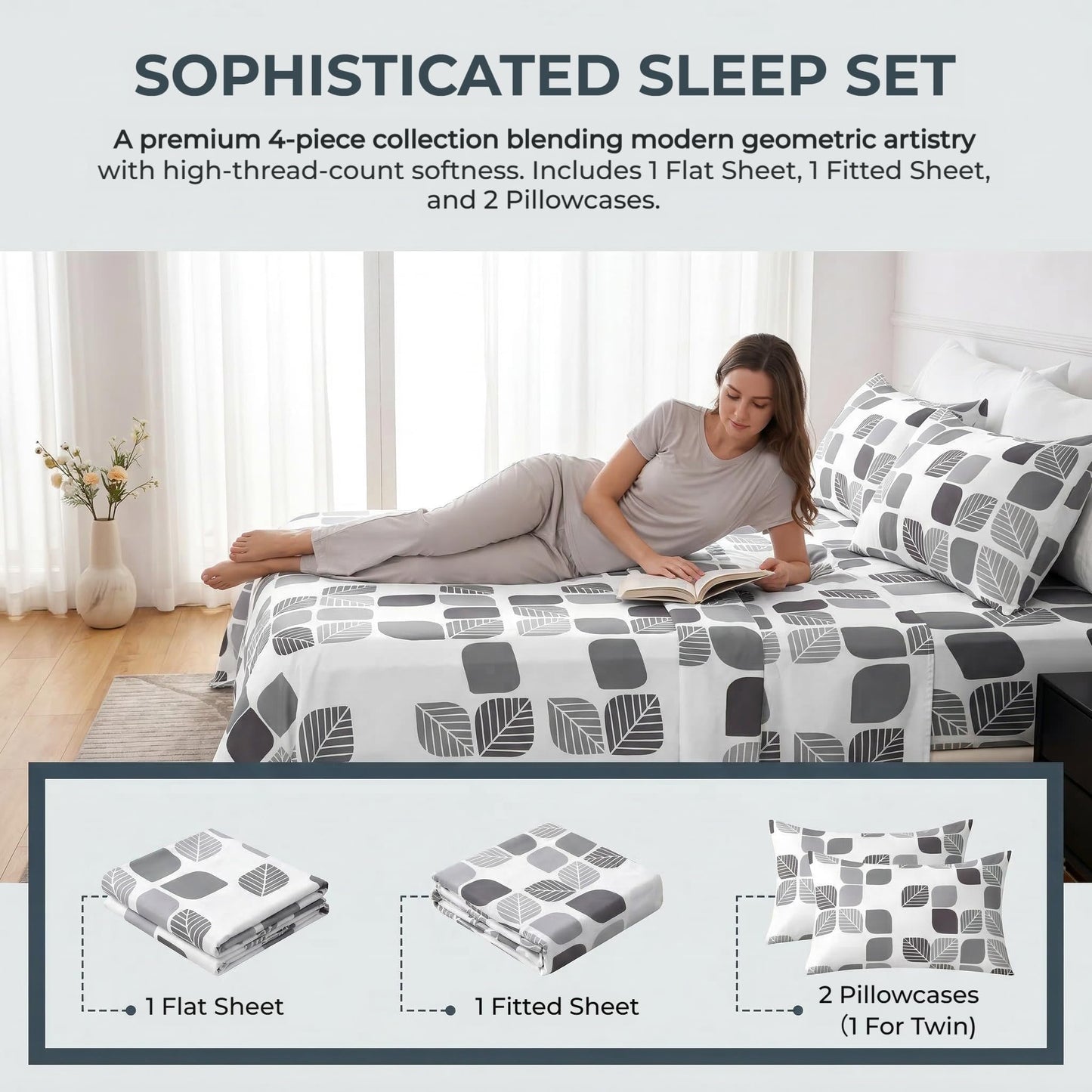 HCORA Geometric Queen Sheet Set, Ultra Soft Double Brushed Microfiber Bed Sheets, Deep Pocket, Breathable, Wrinkle Resistant, Easy Care, 4PC, Queen Size