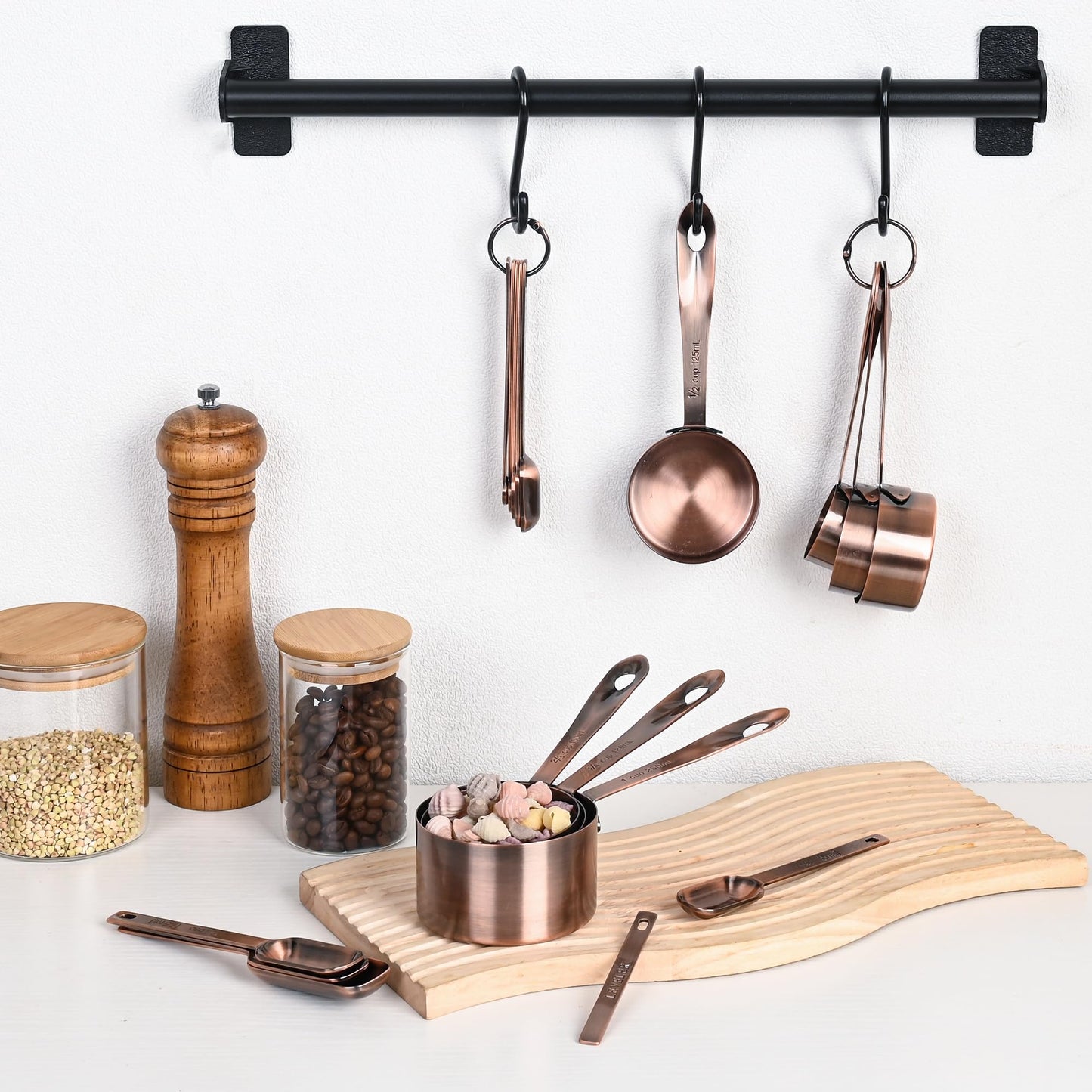 Nstezrne Copper Measuring Cups and Spoons Set, Stainless Steel Measuring Cups and Spoons Set 12, Metal Measuring Cups Set, 5 Measuring Cup Set and 6 Copper Measuring Spoons &Leveler for Kitchen