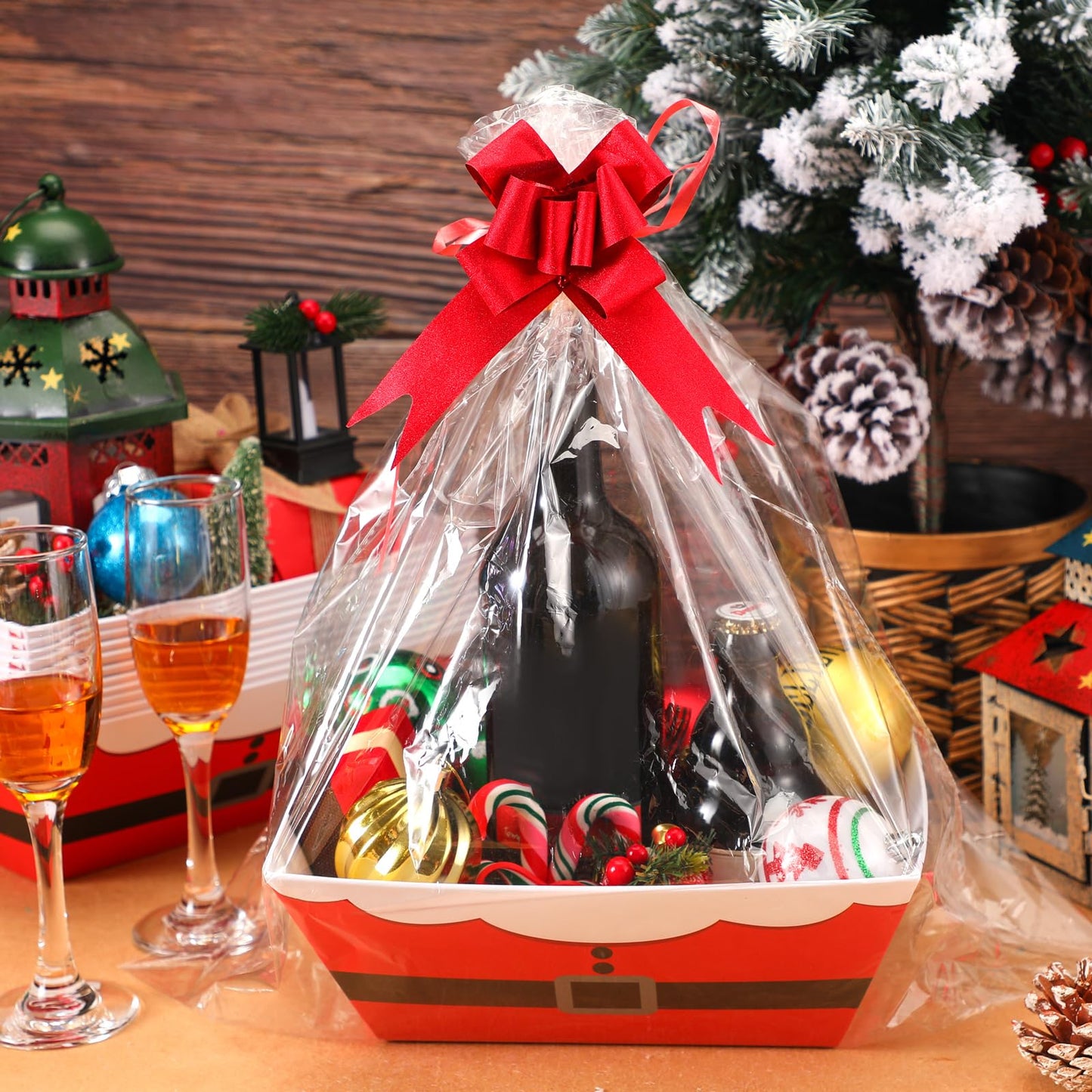 Yeaqee 36 Pcs 12 Pack 8 x 10 inch Christmas Baskets for Gifts Empty Santa Belt Cardboard Baskets Bags Kit Red Pull Bows Wine Basket for Xmas