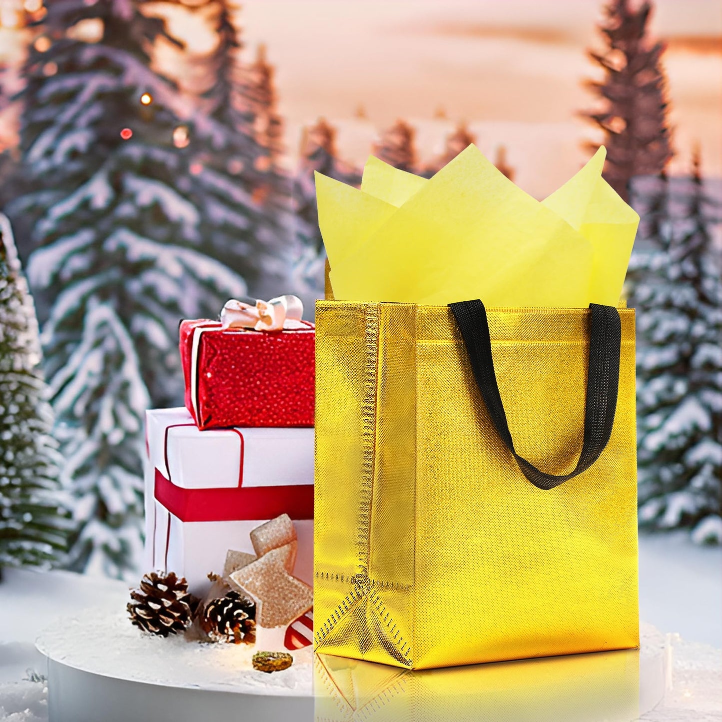 KeerxunBag 12pcs Reusable Gift Bags(Includes Tissue Paper) Gift bag with handle Birthdays Parties Holidays Weddings Medium 10x4x8in gold color Gift Bags
